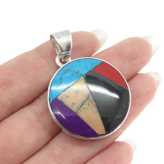 925 Sterling Silver Vintage Mexico Black Onyx Sugilite Turquoise Jasper Pendant