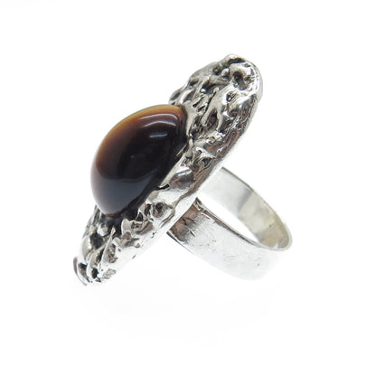 925 Sterling Silver Vintage Real Tiger Eye Modernist Nugget Oxidized Ring Size 8