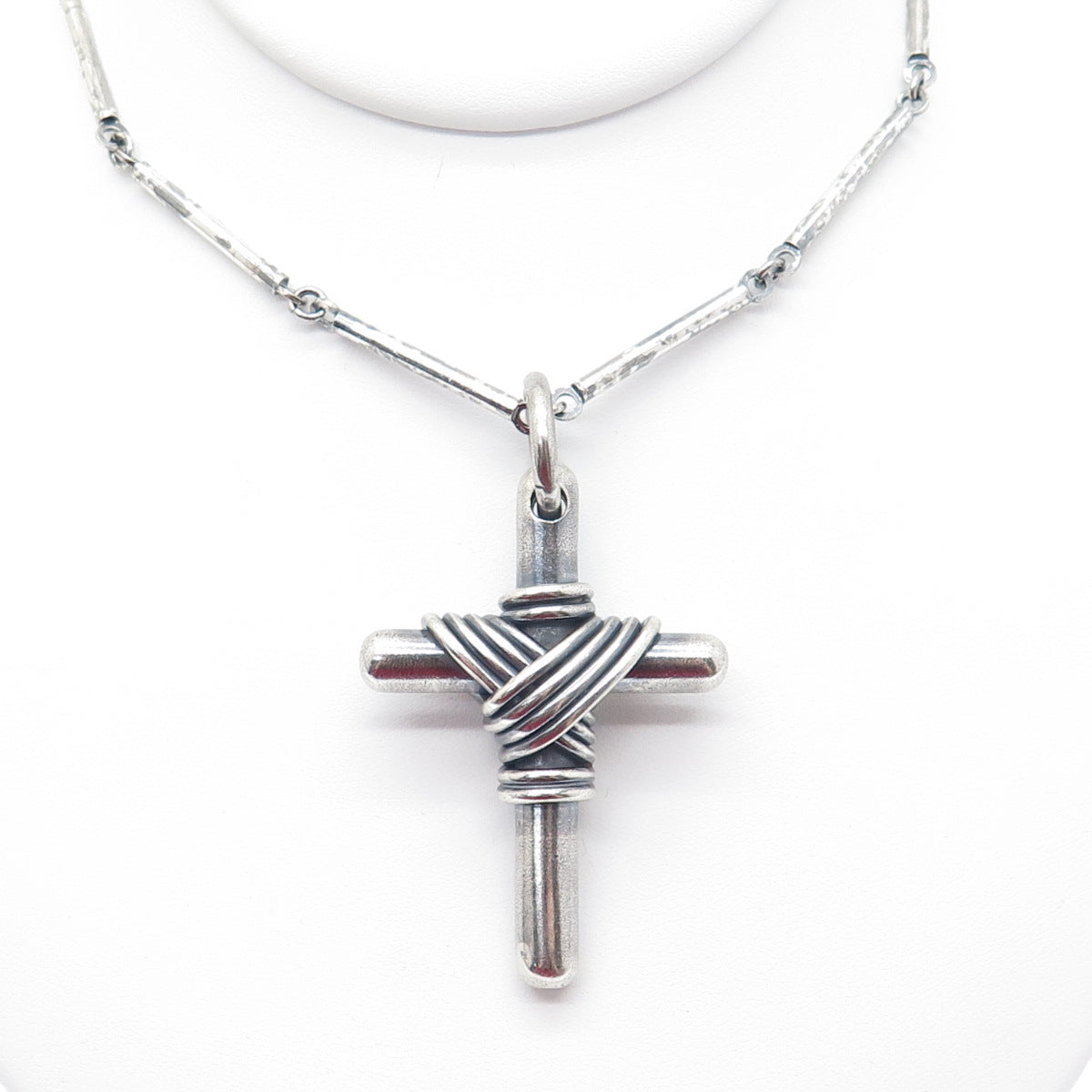 925 Sterling Silver Vintage Italy Cross Pendant Bar Chain Oxidized Necklace 28"
