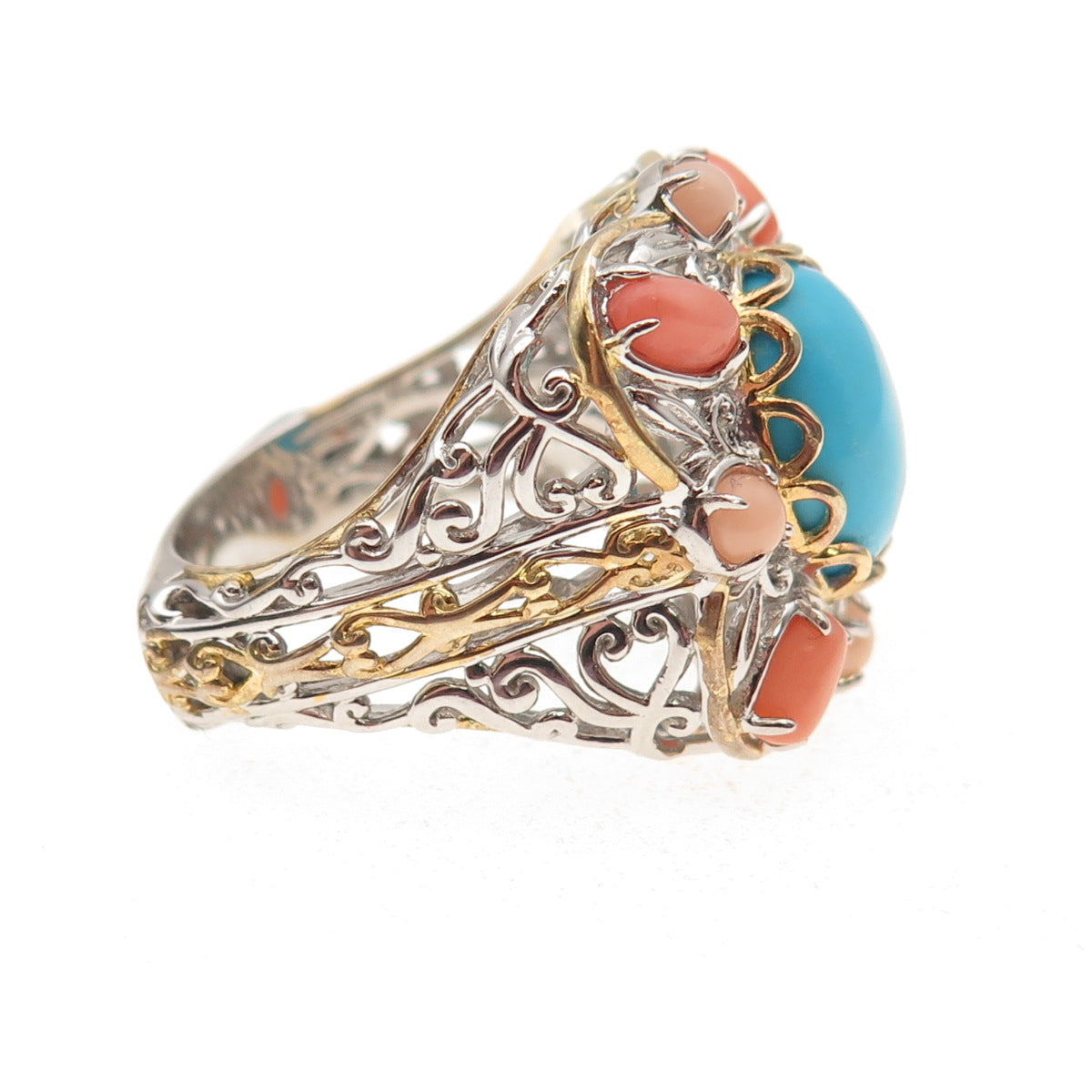 Michael Valitutti Gems En Vogue 925 Sterling Turquoise & Coral Ring Size 8.25