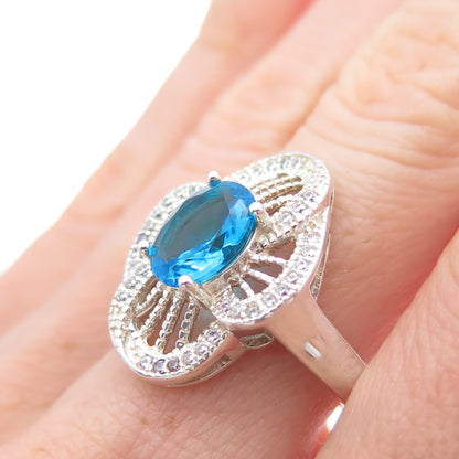 925 Sterling Silver Blue & White C Z Flower Ring Size 7.5