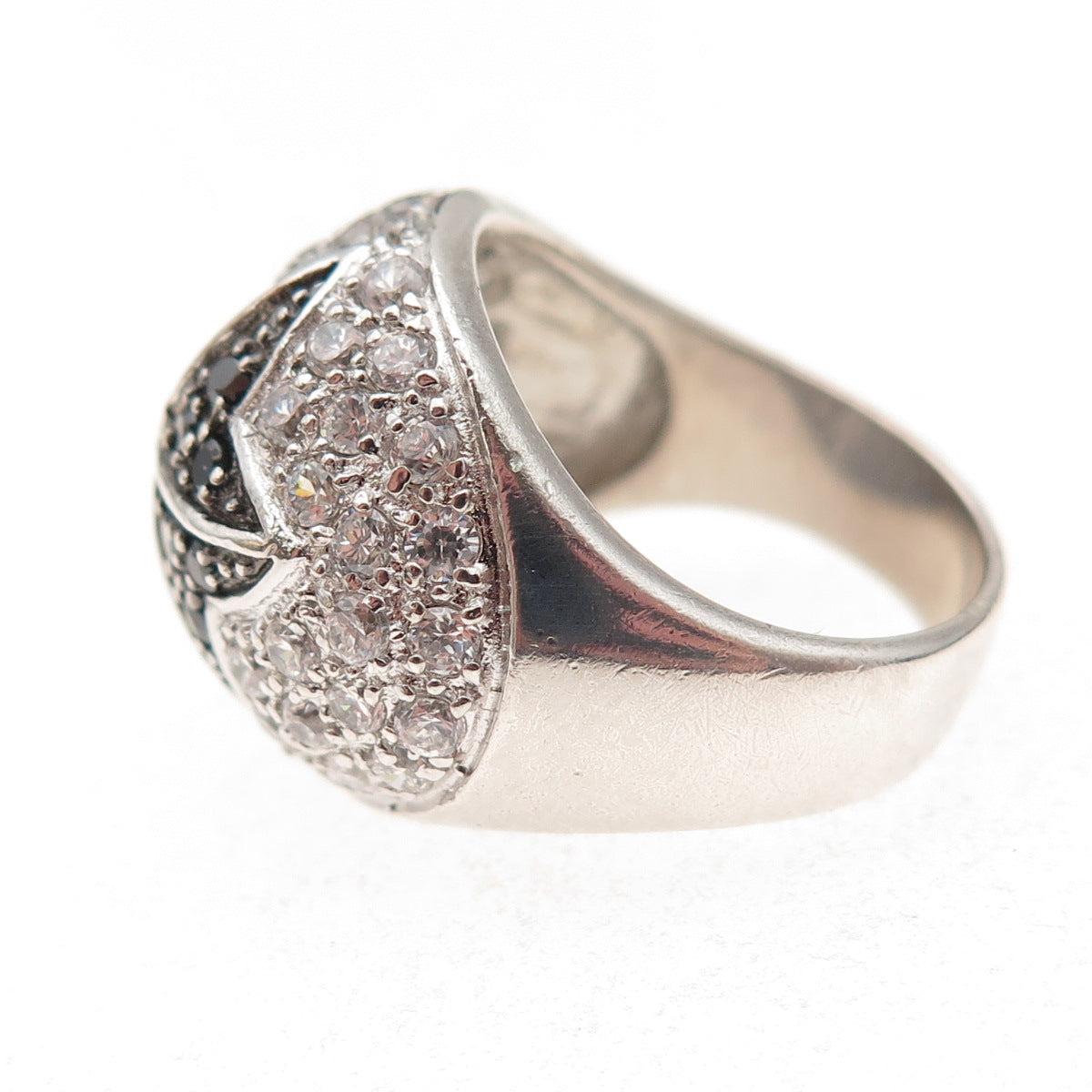 925 Sterling Silver Real Black Spinel & C Z Floral Dome Ring Size 6.75