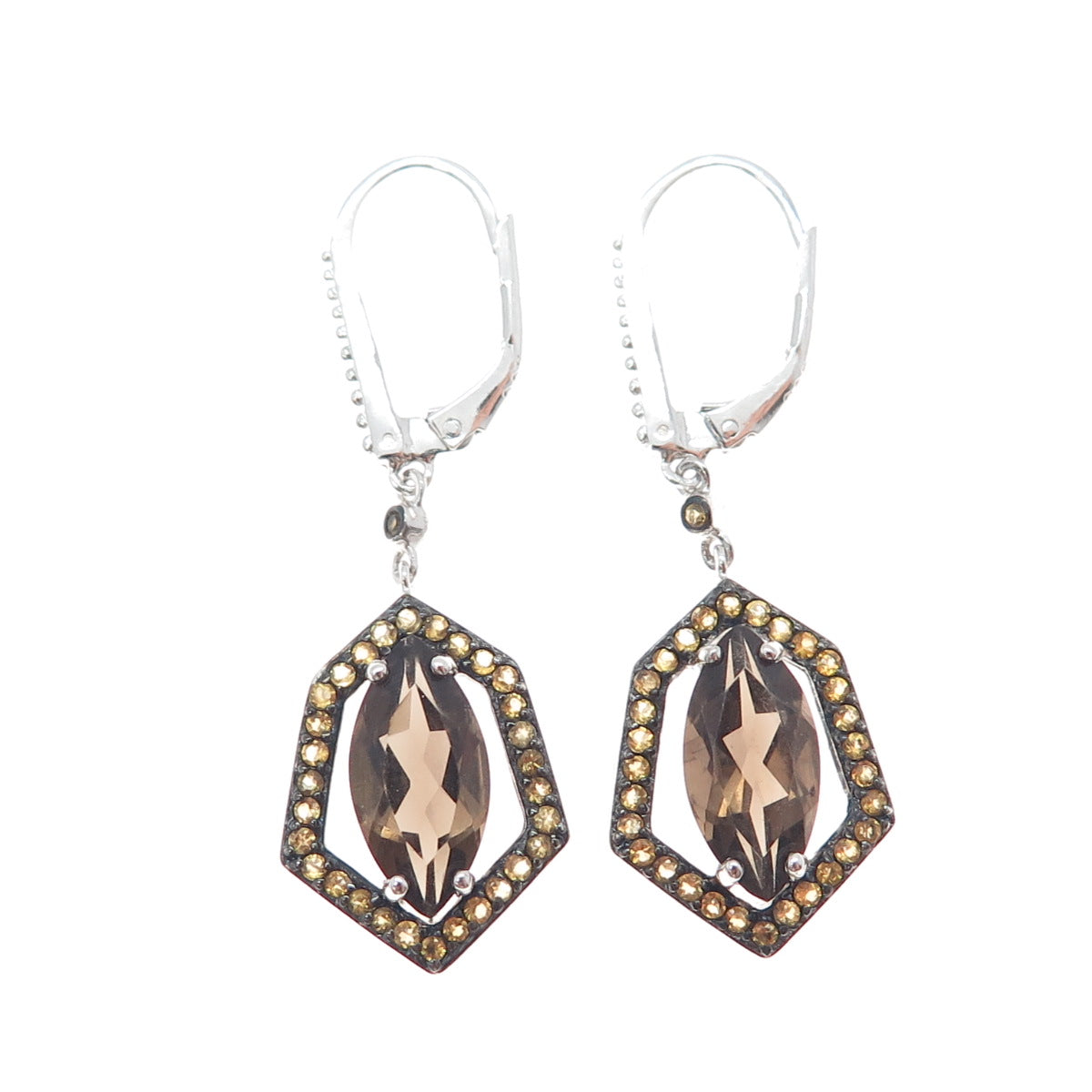 925 Sterling Silver Real Smoky Quartz & Yellow Topaz Dangle Earrings