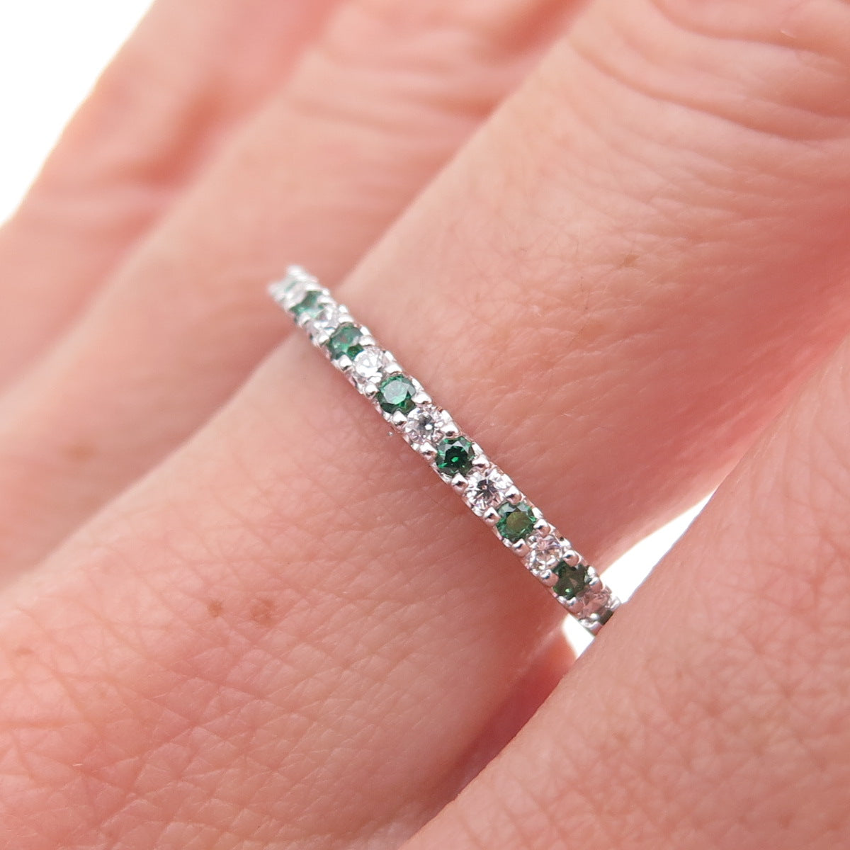 925 Sterling Silver Real Chrome Diopside & C Z Eternity Band Ring Size 9
