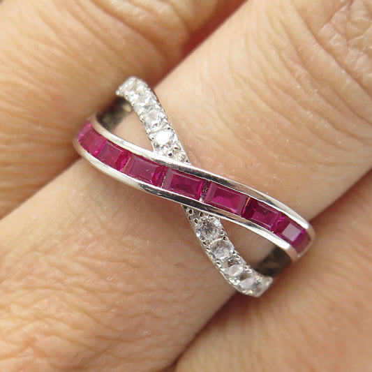 DSMK 925 Sterling Silver Lab-Created Ruby & C Z Cluster Infinity Ring Size 7.25