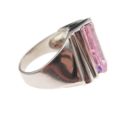 925 Sterling Silver Vintage Pink C Z Modernist Oxidized Ring Size 7