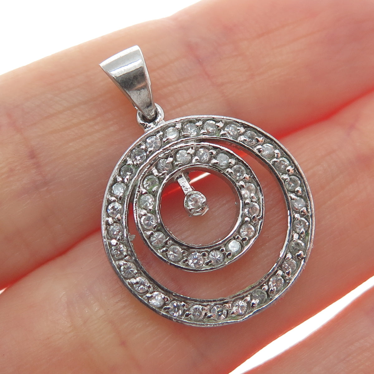 925 Sterling Silver Vintage Rhinestone Double Circle of Life Charm Pendant