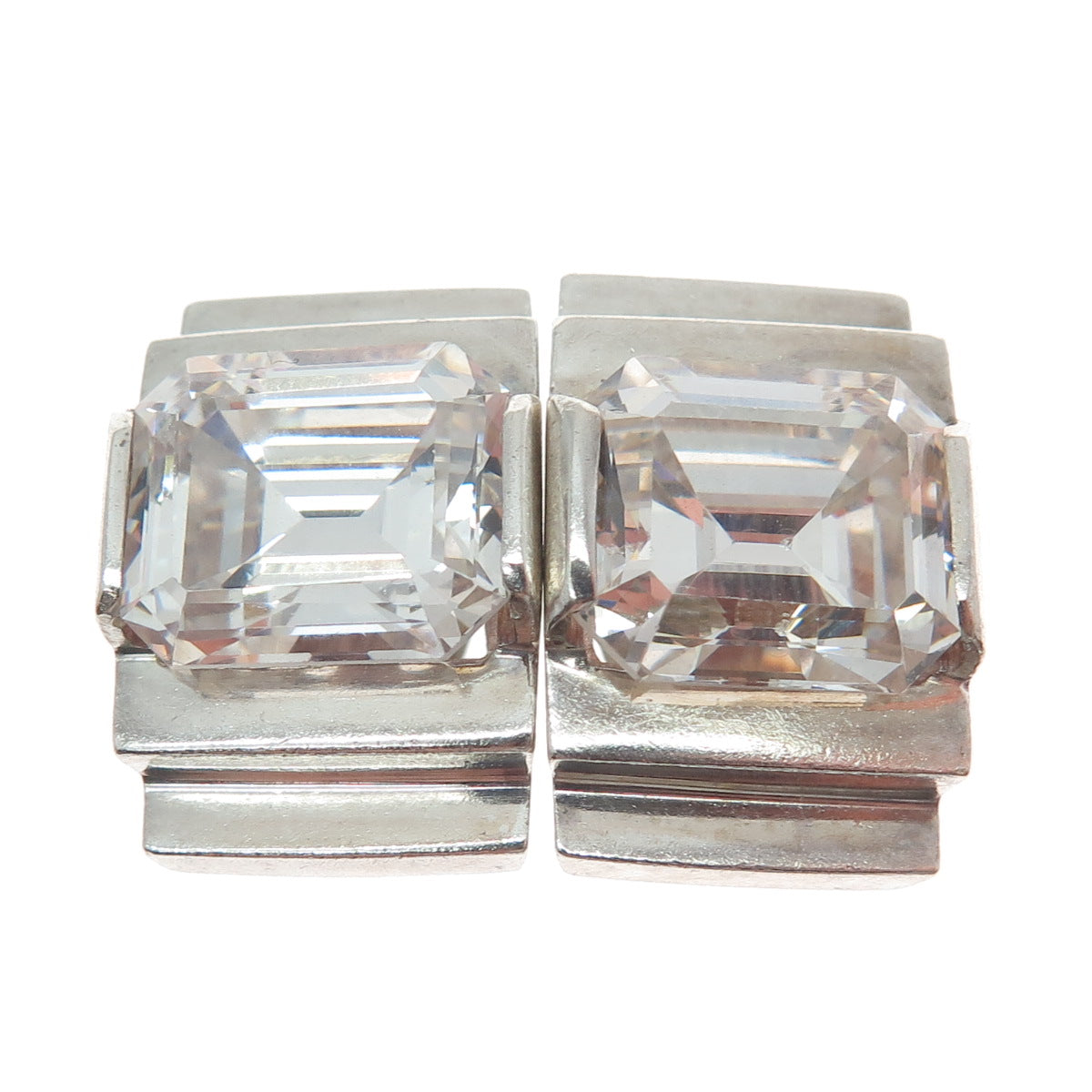 925 Sterling Silver Vintage Emerald-Cut C Z Clip On Earrings