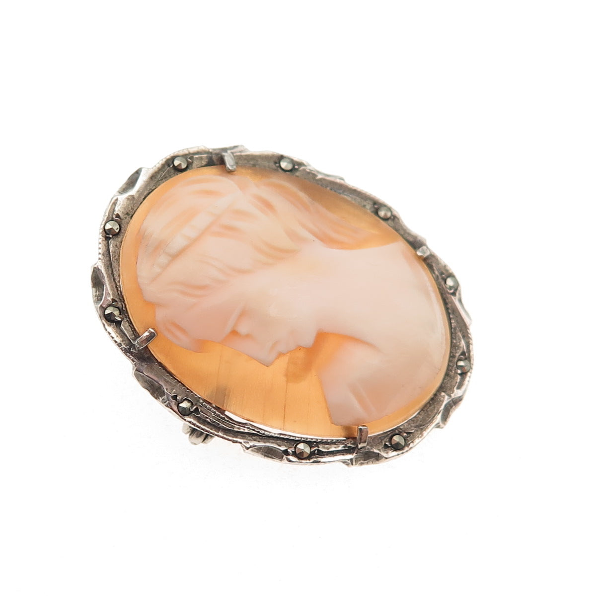 800 Silver Antique Art Deco Real MOP & Marcasite Lady Cameo Pin Brooch / Pendant