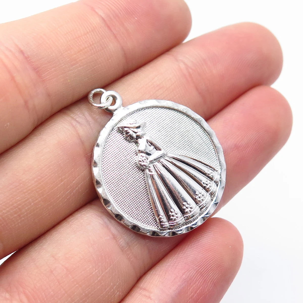 925 Sterling Silver Vintage Danecraft Lady In Dress Textured Round Pendant