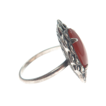 925 Sterling Silver Antique Carnelian Marcasite Ring Size 6.25 (missing 1 stone)