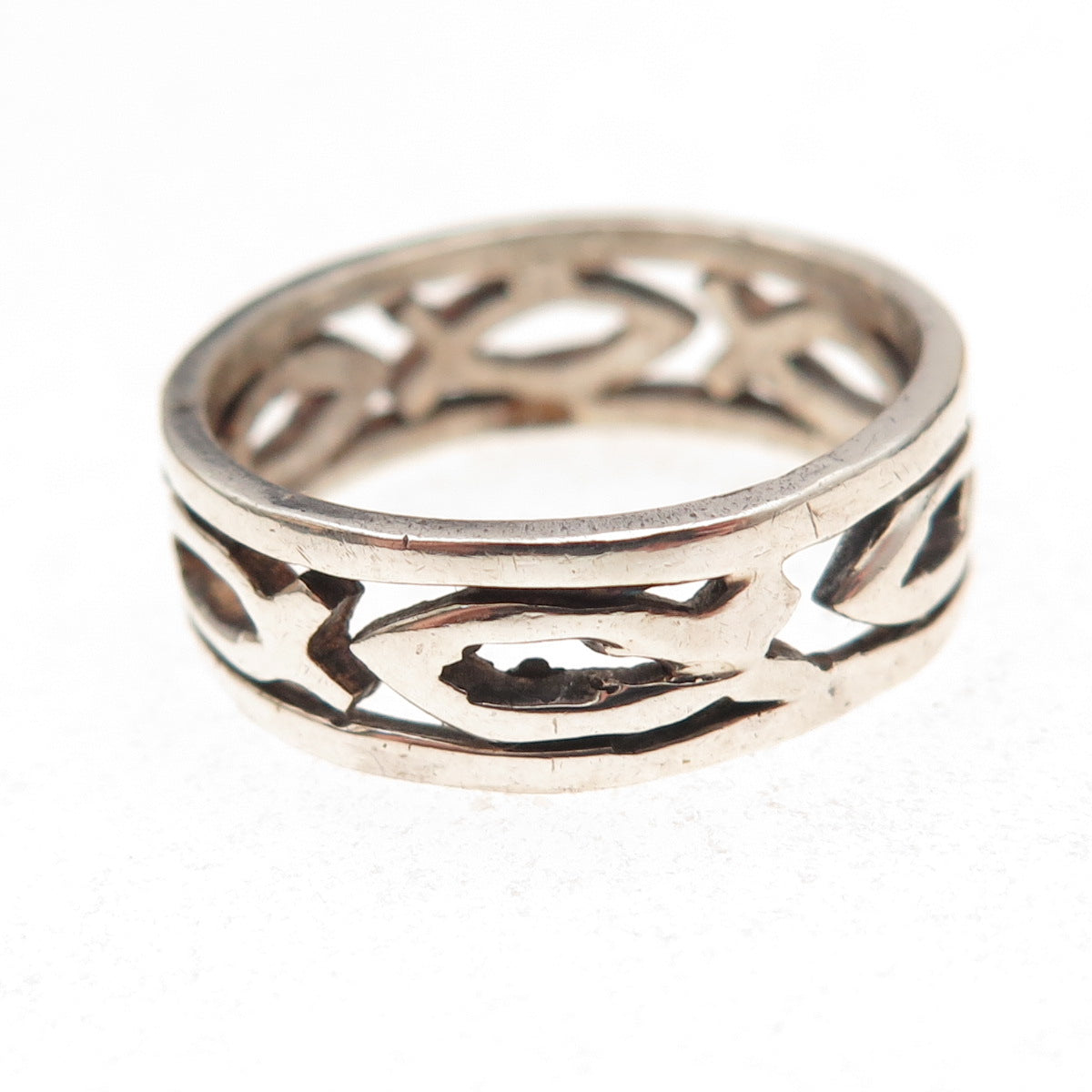 925 Sterling Silver Vintage Ichthys Oxidized Band Ring Size 8
