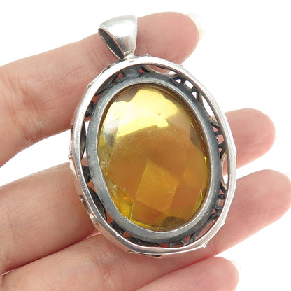 925 Sterling Silver Vintage Real Large Amber Ornate Pendant