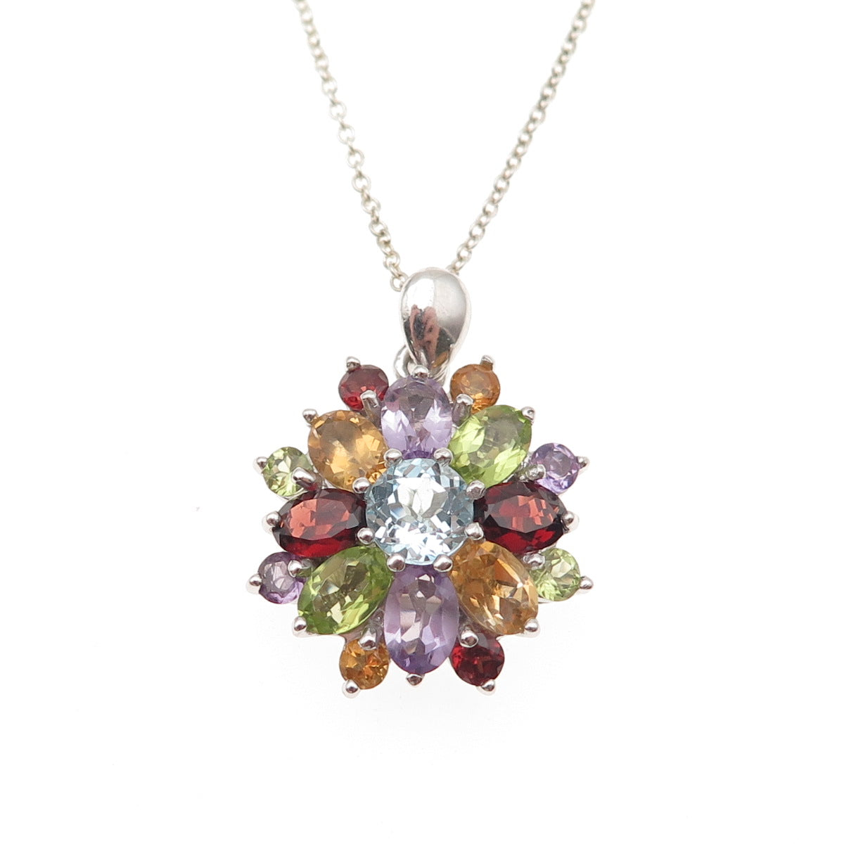 925 Sterling Silver Vintage Topaz Amethyst Garnet Peridot Citrine Necklace 18"