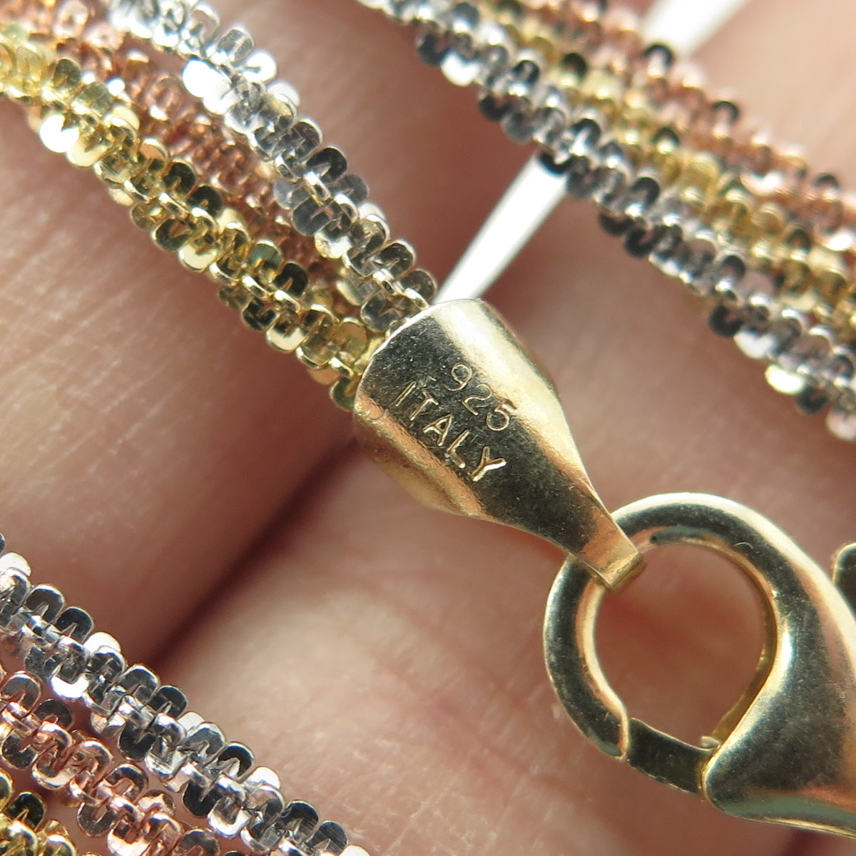 925 Sterling Silver 3-Tone Italy 3-Rope Sparkling Disc Chain Necklace 16"