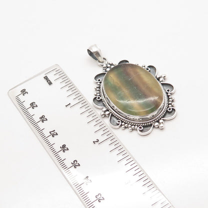 925 Sterling Silver Vintage Real Agate Gem Beaded Ornate Pendant