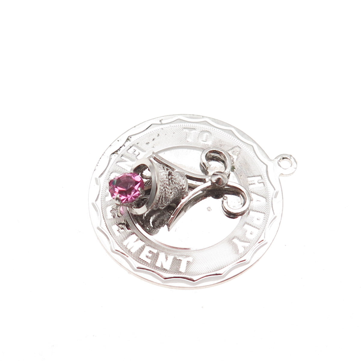 925 Sterling Silver Vintage Pink Rhinestone To A Happy Engagement Charm Pendant