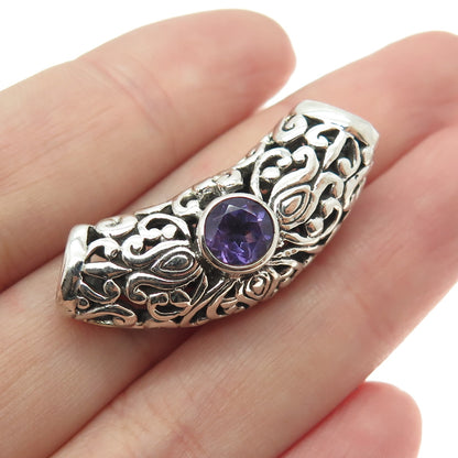 925 Sterling Silver Vintage Real Round-Cut Amethyst Floral Scroll Slide Pendant