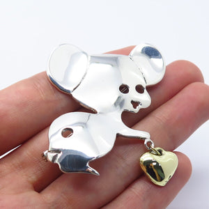 925 Sterling Silver 2-Tone Vintage Mexico Mouse & Heart Pin Brooch