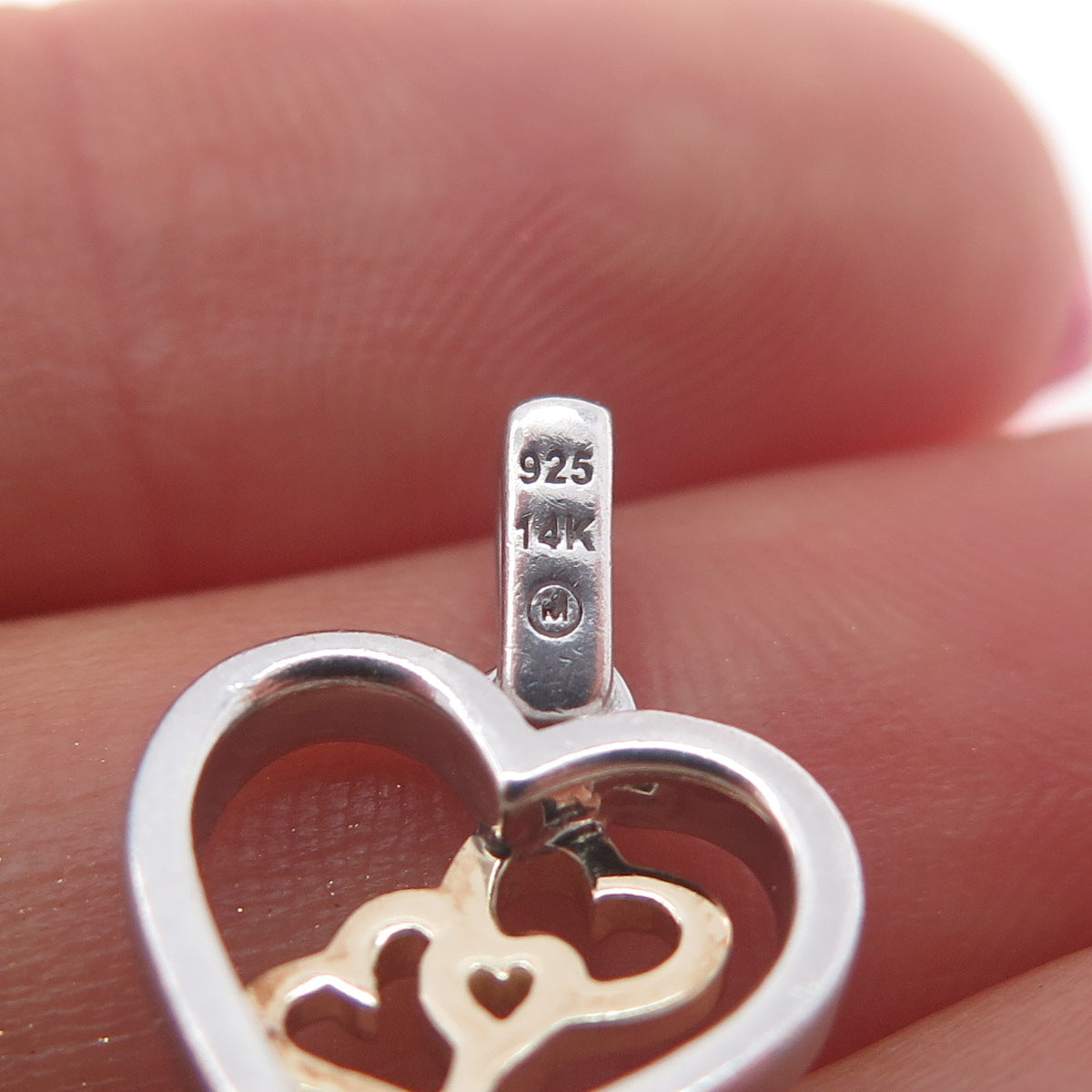 925 Sterling Silver 14K Gold Real Diamond Couple Heart Key Charm Pendant