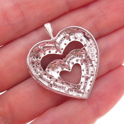 Sun 925 Sterling Silver Real Round & Tapered Baguette-Cut Diamond Heart Pendant