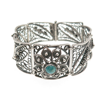 916 Silver Vintage European Real Amazonite Filigree Pannel Link Bracelet 6.5"