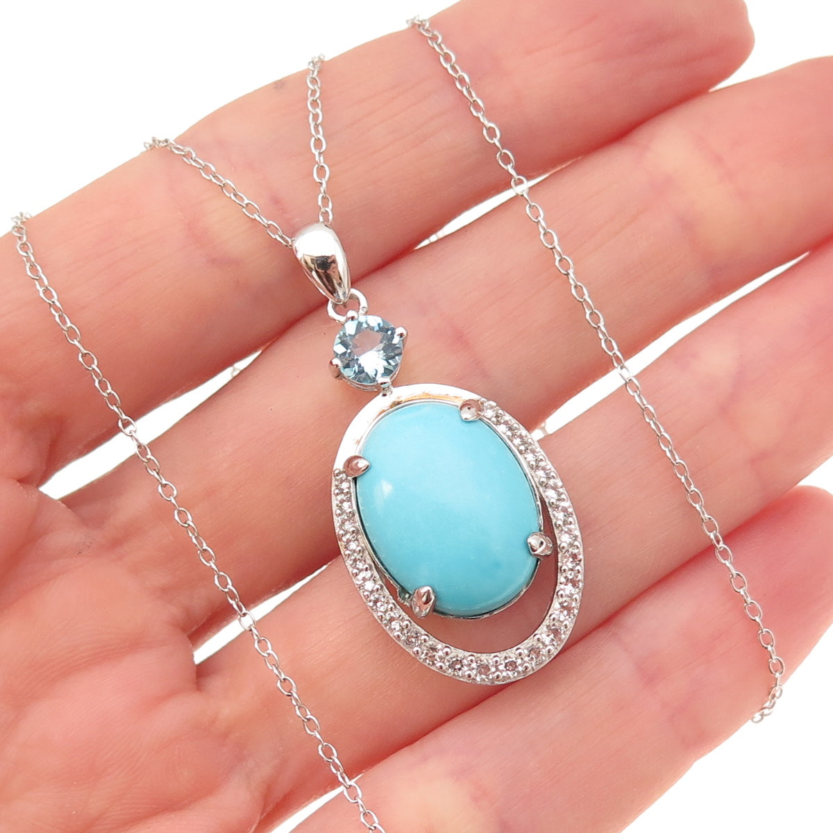 925 Sterling Silver Real Turquoise Blue & White Topaz Cable Chain Necklace 18"