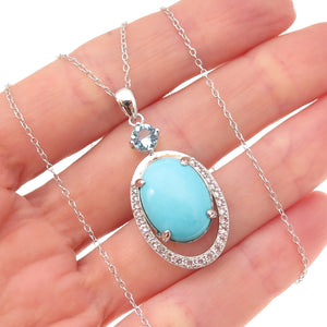 925 Sterling Silver Real Turquoise Blue & White Topaz Cable Chain Necklace 18"