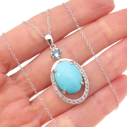 925 Sterling Silver Real Turquoise Blue & White Topaz Cable Chain Necklace 18"