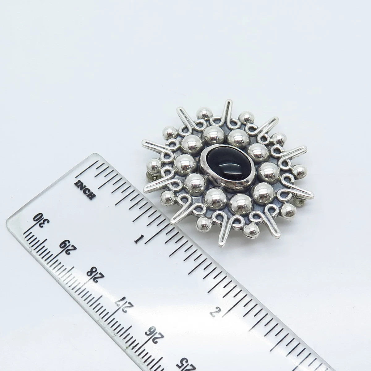 925 Sterling Silver Vintage Mexico Carsi Black Onyx Gem Beaded Brooch / Pendant