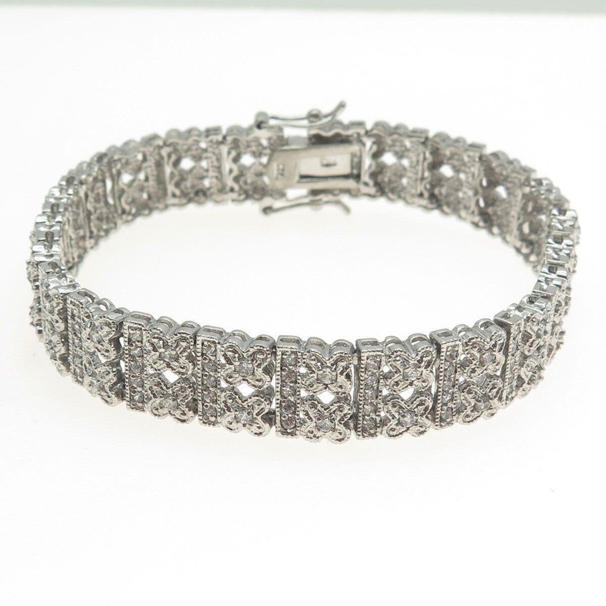 925 Sterling Silver Round-Cut Shaped C Z Tennis Panel Link Bracelet 7"
