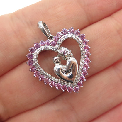 925 Sterling Silver Real Pink & White Topaz Mom Child Heart Mini Charm Pendant