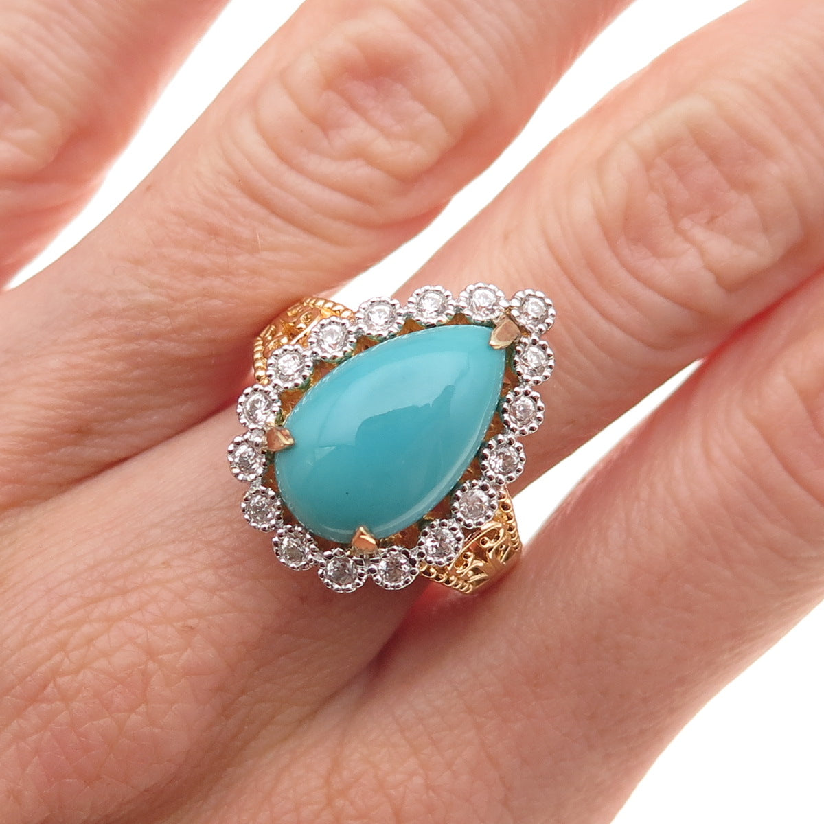 925 Sterling Gold Plated Real Sleeping Beauty Turquoise & Topaz Ring Size 8.25