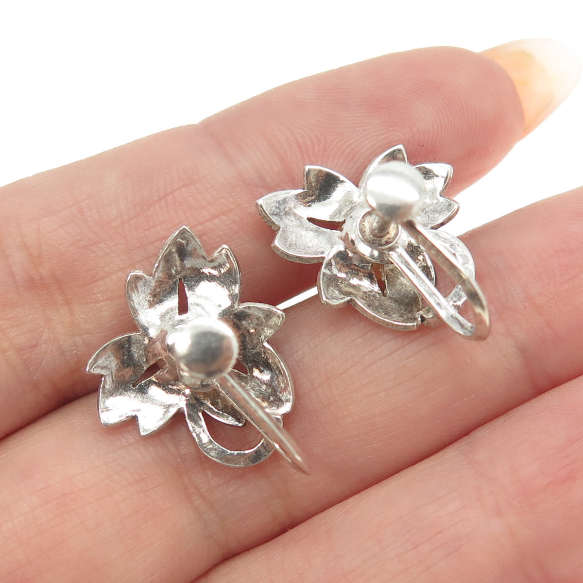 925 Sterling Silver Antique Art Deco Real Pearl Leaf Screw Back Earrings