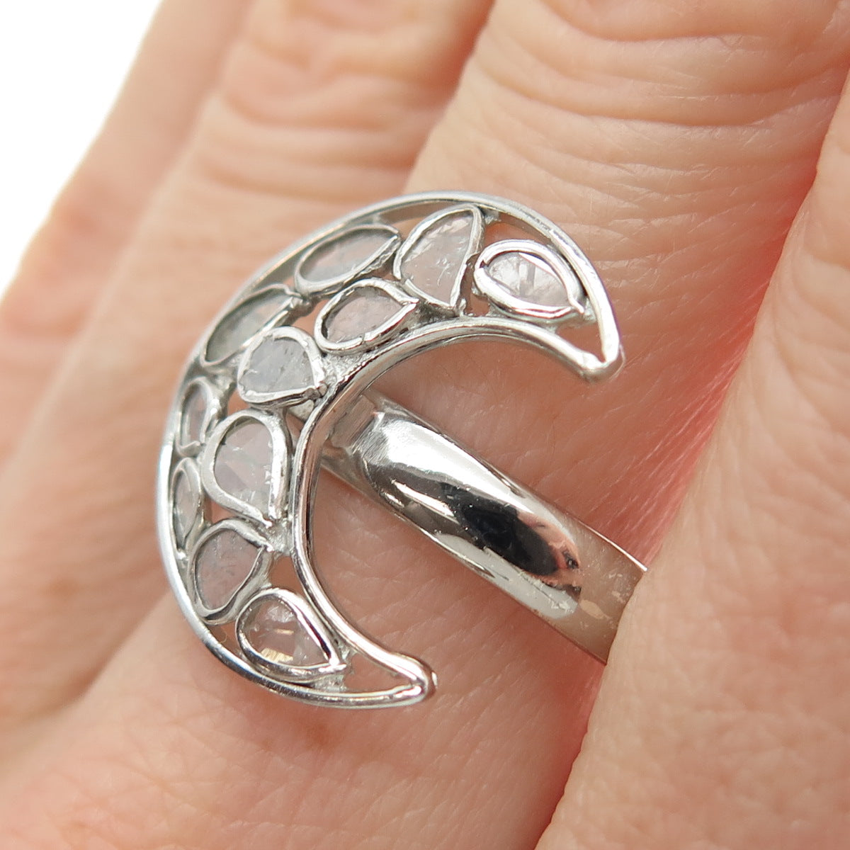 ARYA 925 Sterling Silver Real Rose-Cut Diamond Crescent Ring Size 9.5