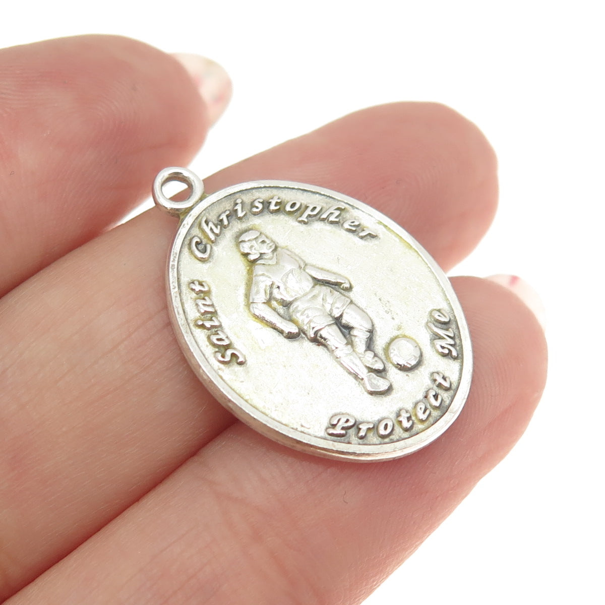 925 Sterling Silver Vintage St. Christopher Soccer Sport Medal Pendant