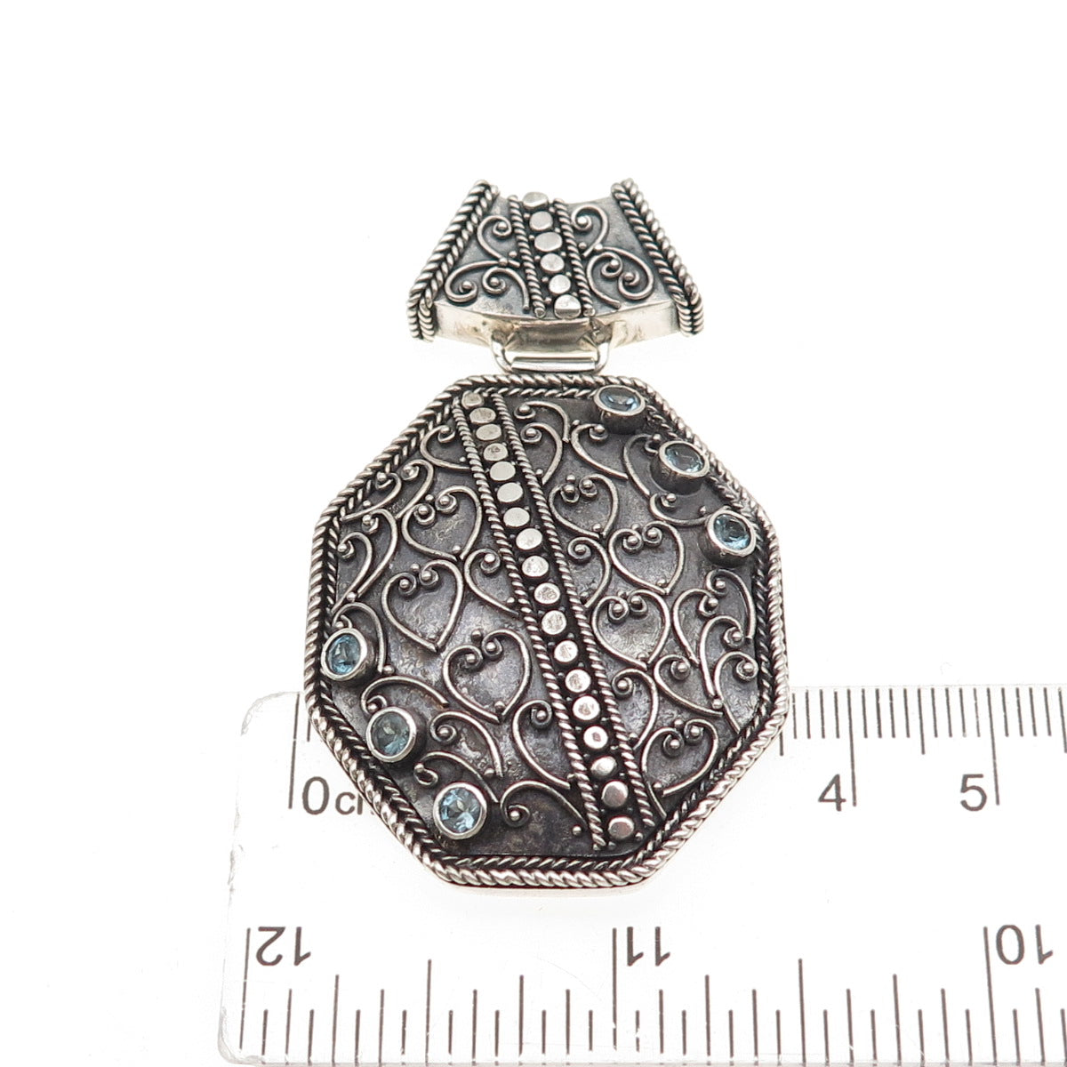 925 Sterling Silver Vintage Real Blue Topaz Heart Ornate Oxidized Slide Pendant