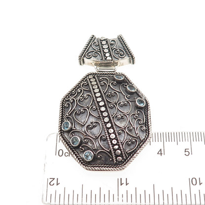 925 Sterling Silver Vintage Real Blue Topaz Heart Ornate Oxidized Slide Pendant