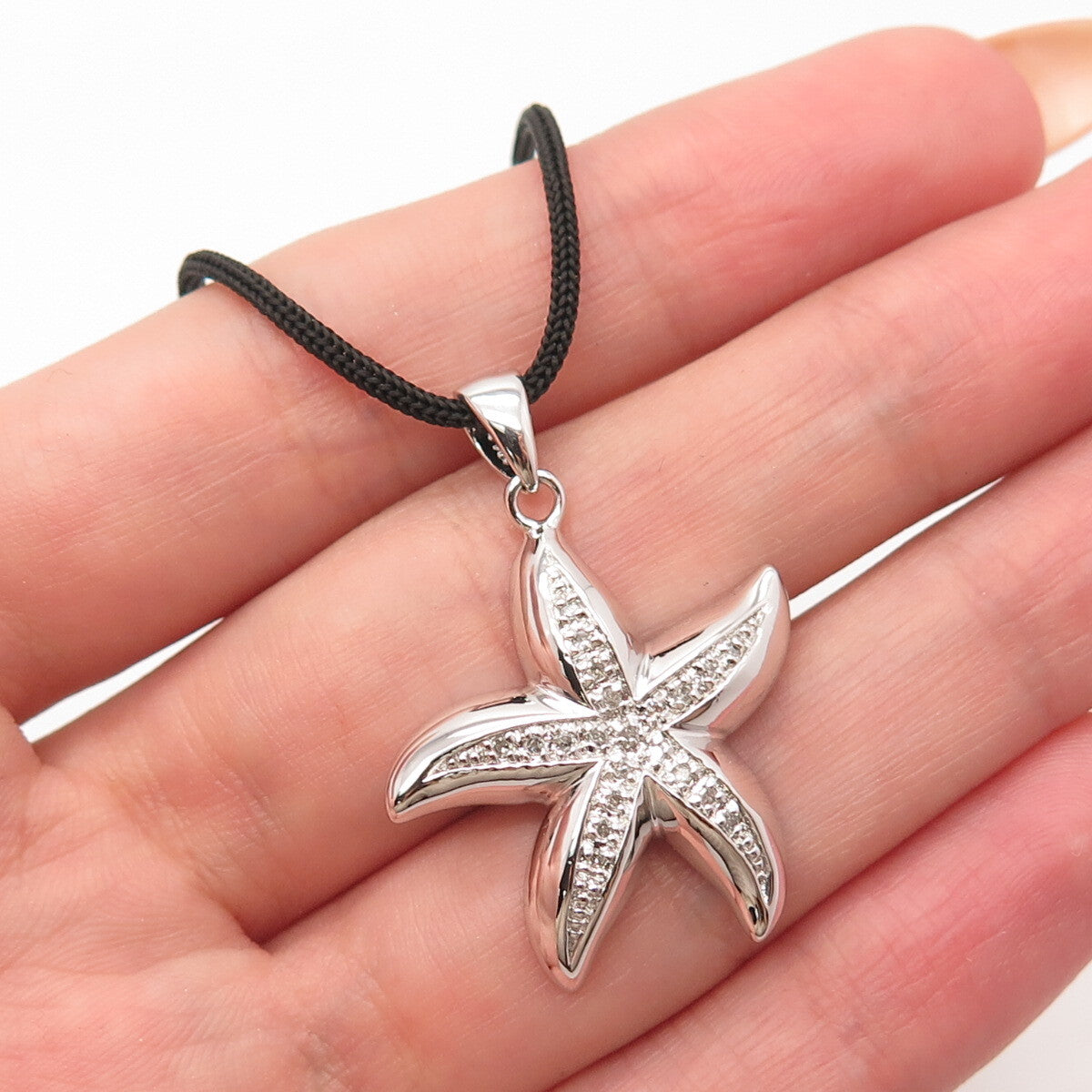 925 Sterling Silver SUN Real White Diamond Sand Dollar Cord Chain Necklace 16"