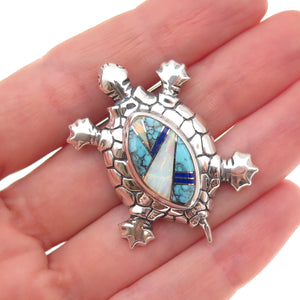 Old Pawn Sterling Silver Vintage Turquoise Lapis Opal Turtle Pin Brooch Pendant