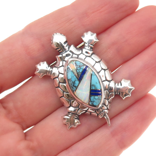 Old Pawn Sterling Silver Vintage Turquoise Lapis Opal Turtle Pin Brooch Pendant