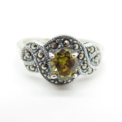 925 Sterling Silver Antique Art Deco Real Citrine & Marcasite Gem Ring Size 5.75