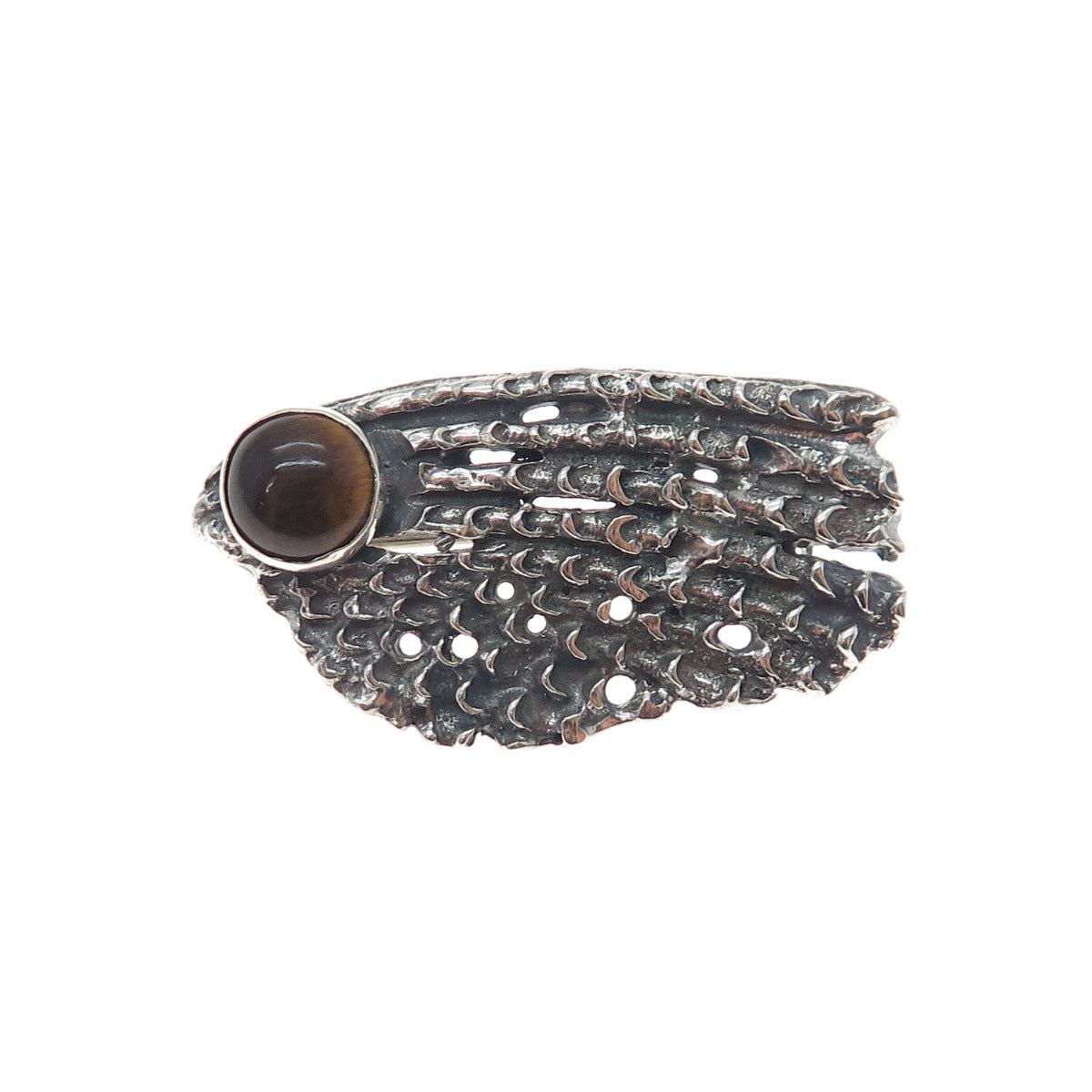925 Sterling Silver Vintage Real Tiger Eye Modernist Oxidized Pin Brooch