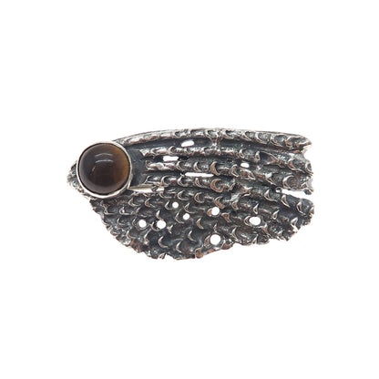 925 Sterling Silver Vintage Real Tiger Eye Modernist Oxidized Pin Brooch