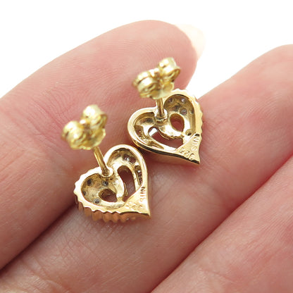 SUN Sterling Silver Gold Plated Real Round & Baguette-Cut Diamond Heart Earrings