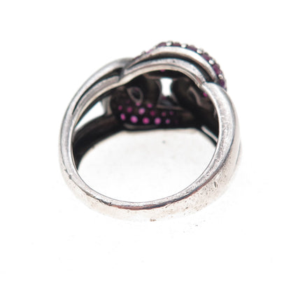 925 Sterling Silver Vintage Real Round-Cut Ruby Interlocked Ring Size 8.25