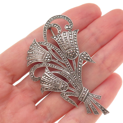925 Sterling Silver Antique Art Deco Real Marcasite Floral Oxidized Pin Brooch