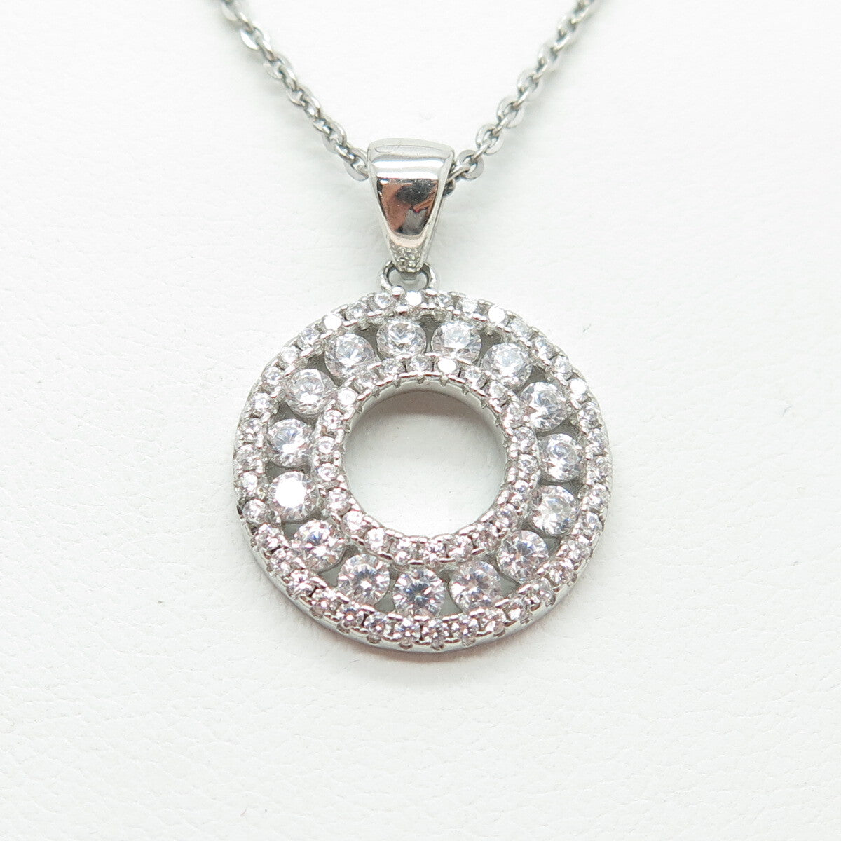 925 Sterling Silver Round-Cut C Z Floral Circle Cable Chain Necklace 18"