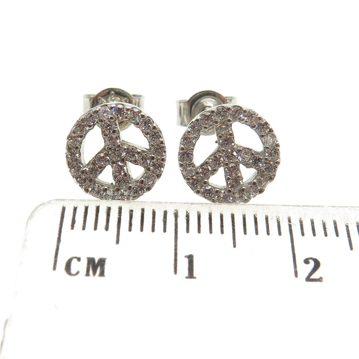 925 Sterling Silver Round-Cut C Z Peace Symbol Stud Earrings