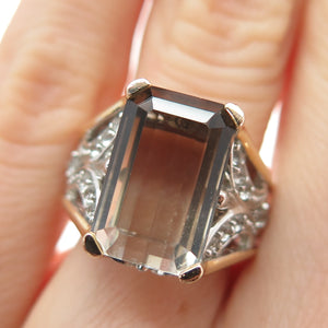 925 Sterling Silver 2-Tone Real Emerald-Cut Smoky Quartz White Topaz Ring Size 5